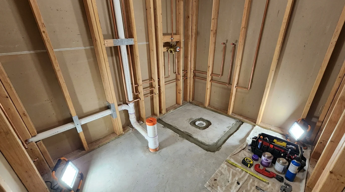 Bathroom rough-in plumbing during remodel by Johns Plumbing LLC in Poquoson