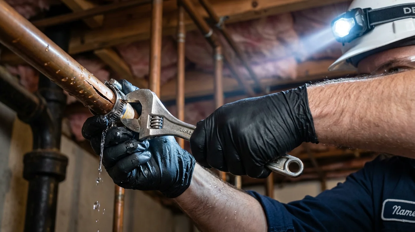 Emergency pipe clamp repair being performed by a Johns Plumbing LLC plumber in Poquoson