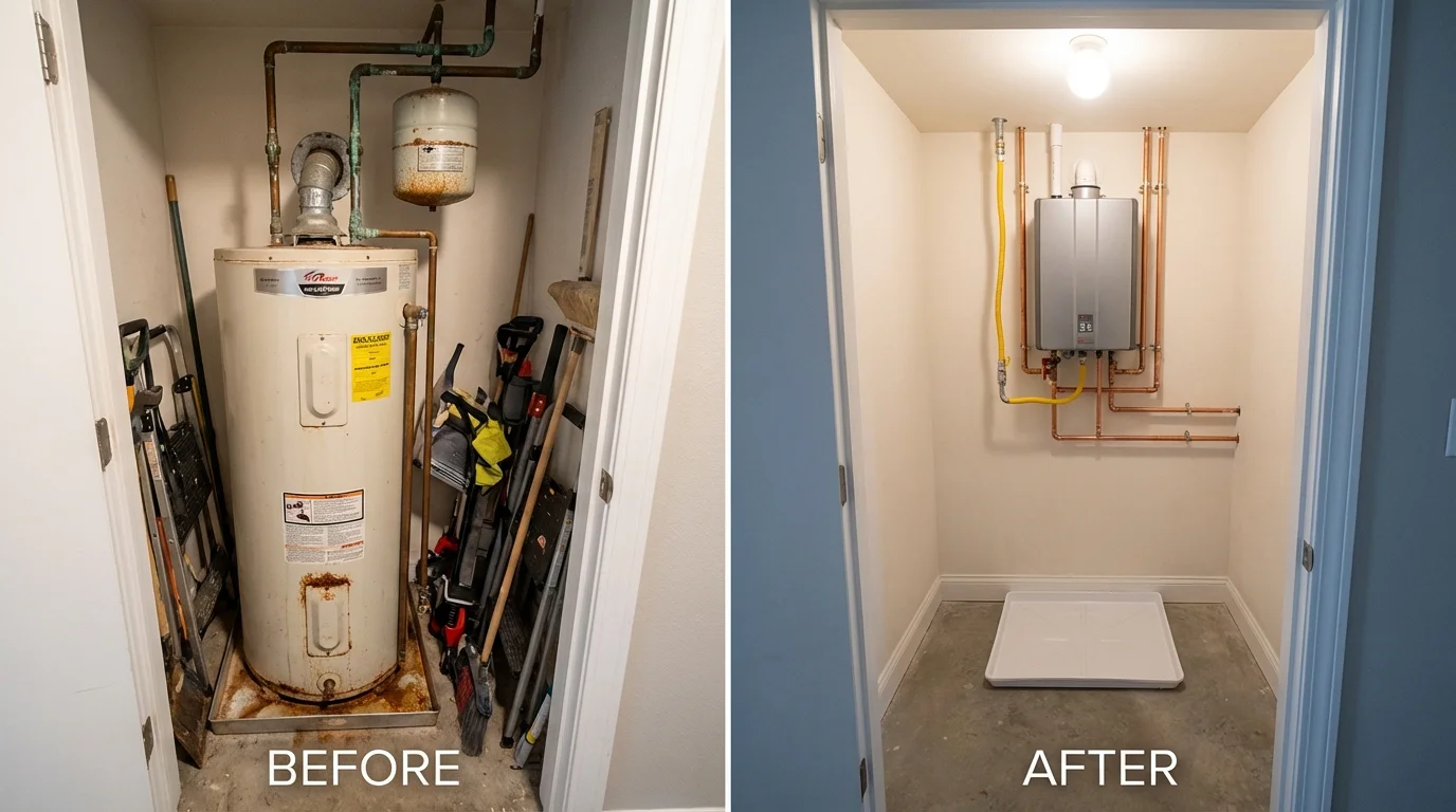 Tank water heater versus wall-mounted tankless unit comparison for Poquoson, VA homeowners