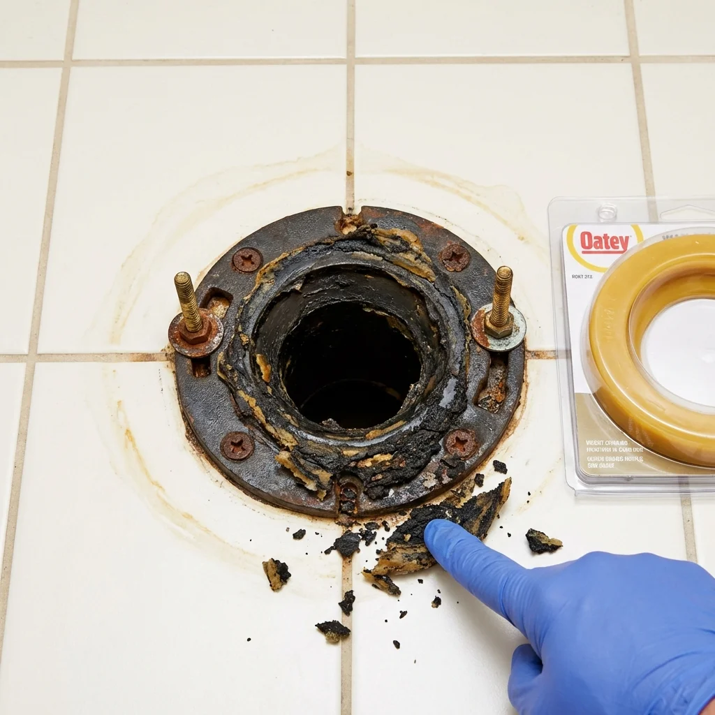 Failed wax ring showing water seepage at the base of a toilet in a Poquoson, VA home