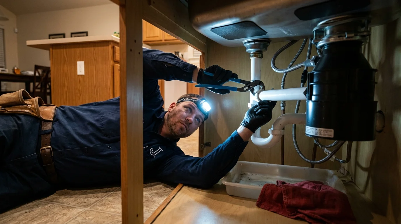 P-trap and supply line connections under a kitchen sink showing a common leak point in Poquoson, VA